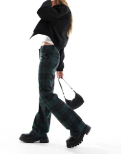 Monki Tailored Trousers In Green And Black Check