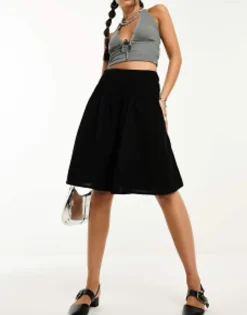 Motel Shirred Waist Y2K Cotton Midi Skirt In