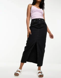 New Look Split Front Denim Maxi Skirt In Wash