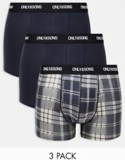 Only & Sons 3 Pack Trunks In Navy Check