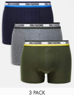 Only & Sons 3 Pack Trunks With Contrast Waistband In Multi