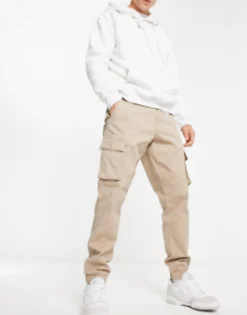 Only & Sons Cuffed Cargo Trousers In Slim Fit Stone