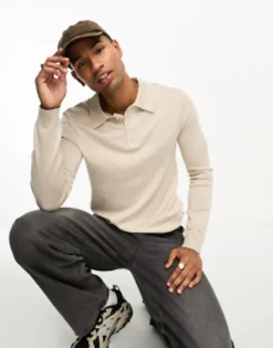 Only & Sons Longsleeve Knitted Polo In Beige
