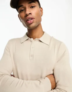 Only & Sons Longsleeve Knitted Polo In Beige