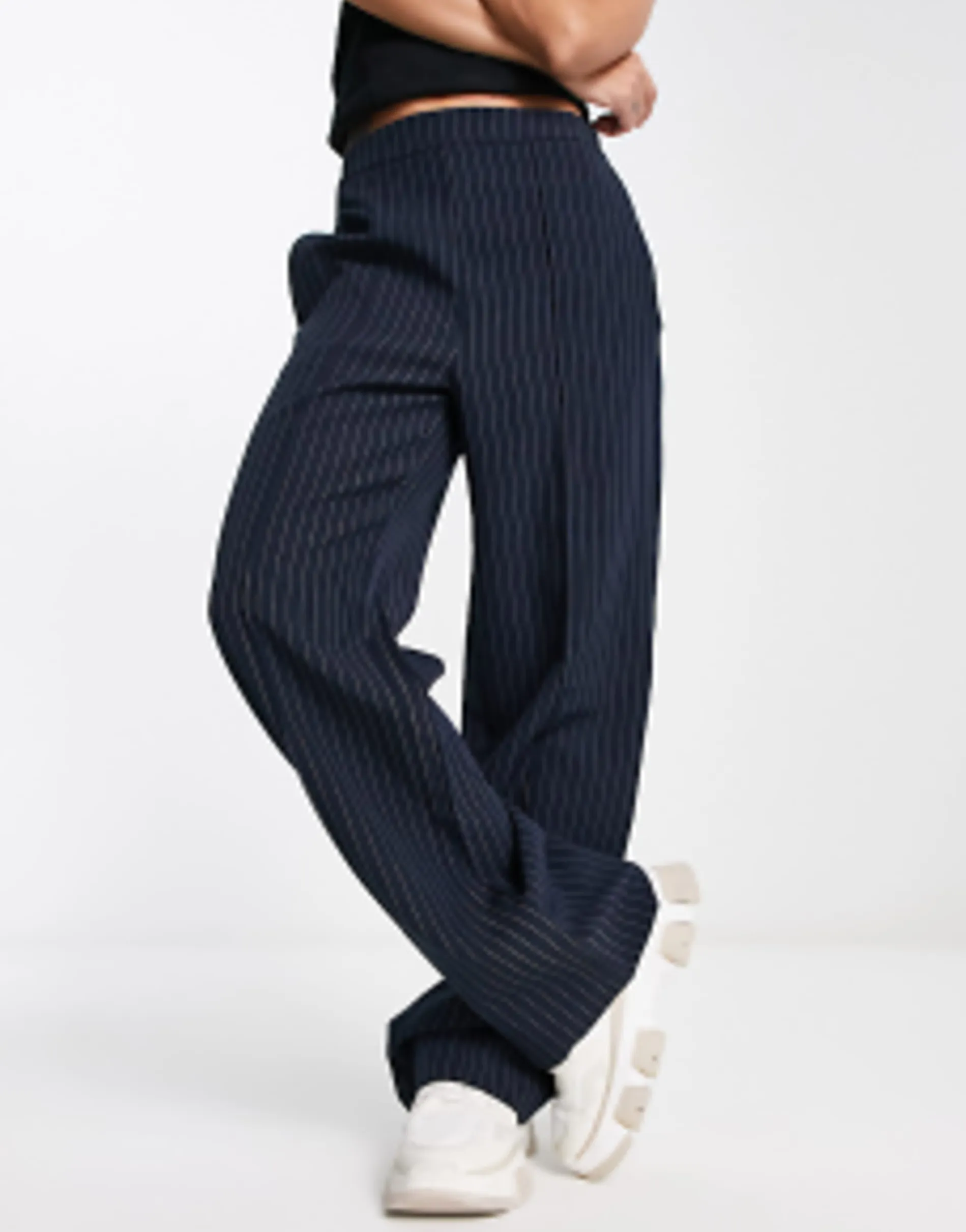 Pieces Tailored Blazer And Straight Leg Trouser In Navy Pinstripe