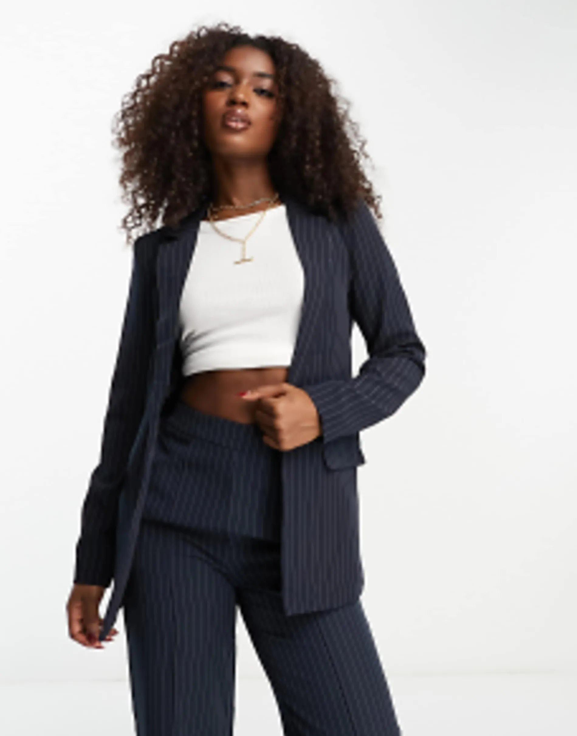 Pieces Tailored Blazer And Straight Leg Trouser In Navy Pinstripe