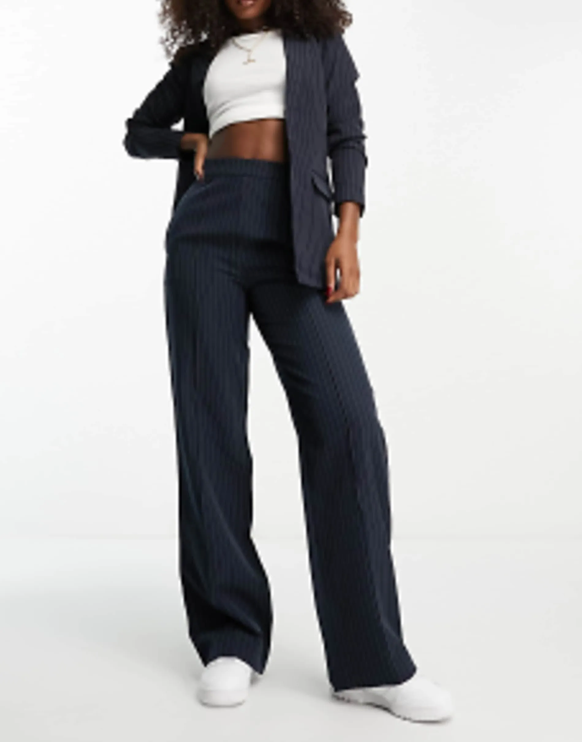 Pieces Tailored Blazer And Straight Leg Trouser In Navy Pinstripe