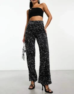 Pieces Velour & Sequin Wide Leg Trousers In
