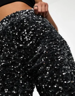 Pieces Velour & Sequin Wide Leg Trousers In