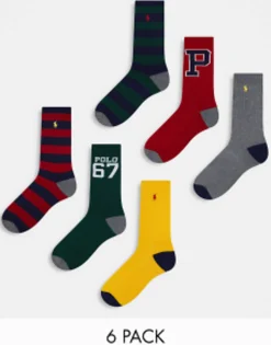 Polo Ralph Lauren 6 Pack Sport Socks With Pony Logo In Grey Red With Logo