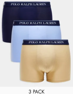 Polo Ralph Lauren 3 Pack Trunks In Navy Tan And Blue With Logo
