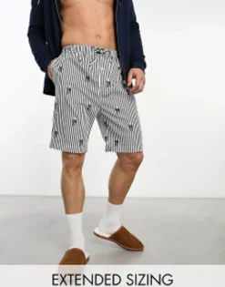 Polo Ralph Lauren Lounge Woven Pyjama Shorts In Navy Stripe With All Over Bear Logo