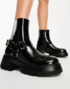 Public Desire Blizzard Harness Biker Boots In Black