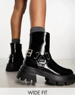 Public Desire Wide Fit Blizzard Harness Biker Boots In Black