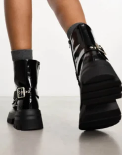 Public Desire Wide Fit Blizzard Harness Biker Boots In Black