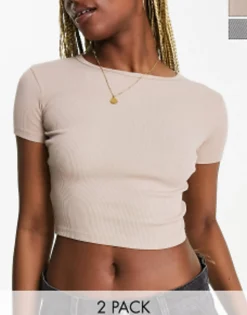 Pull&Bear 2 Pack Ribbed Baby Tee In Beige