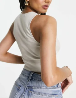 Pull&Bear 3 Pack Ribbed Racer Neck Cropped Top Ecru, Khaki