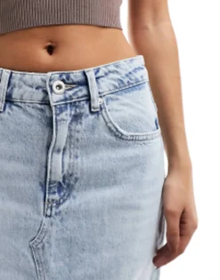 Pull&Bear Denim Midi Skirt With Split Front In Bleached Wash