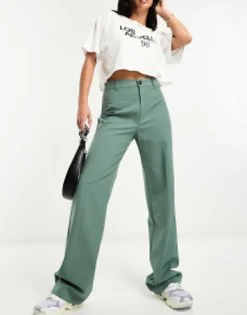 Pull&Bear High Waisted Tailored Straight Leg Trouser In Dark