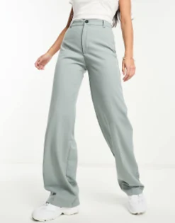 Pull&Bear High Waisted Tailored Straight Leg Trouser In Pale Blue