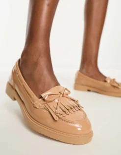 River Island Fringed Detail Patent Loafer In Beige