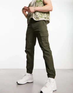 River Island Washed Jogger Cargo In Dark Green