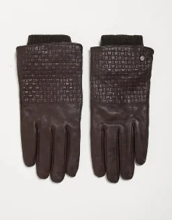 River Island Woven Leather Gloves In Dark Brown