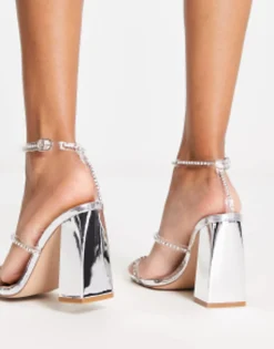 Simmi London Inez Block Heel Embellished Sandals In Silver