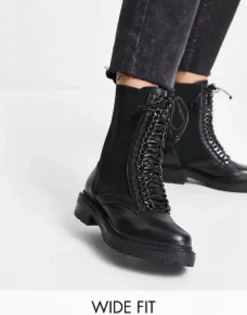 Simply Be Wide Fit Leather Pull On Chelsea Flat Ankle Boots With Cleated Sole In
