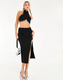 Something New X Lame. Cobain Diamante Halterneck Crop Top And Midi Skirt Co-Ord