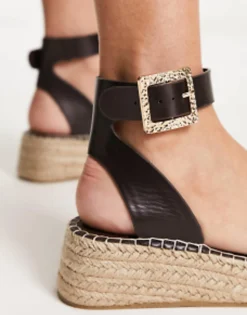 South Beach Pu Two Part Espadrille Sandal With Textured Buckle In