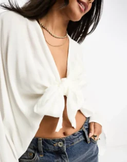 Stradivarius Crinkle Tie Front Shirt In