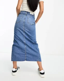 Stradivarius Denim Midi Skirt With Front Split In Midwash