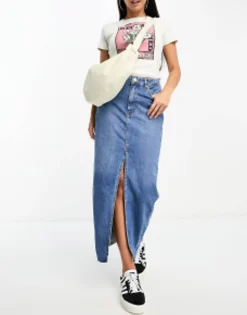 Stradivarius Denim Midi Skirt With Front Split In Midwash