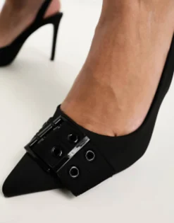 Stradivarius Pointed Toe Buckle Detail Sling Kitten Heel In