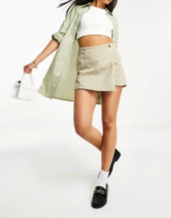 Stradivarius Twill Wrap Skort In Soft Khaki