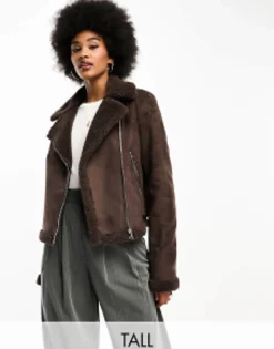 Threadbare Tall Betsy Suedette Aviator Jacket With Borg Trims In Chocolate