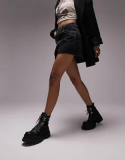 Topshop Denim A-Line Mom Short In Washed