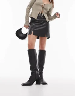 Topshop Leather Look Split Detail Mini Skirt In