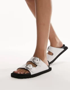 Topshop Prince Leather Flat Sandal With Buckles In