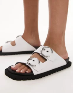 Topshop Prince Leather Flat Sandal With Buckles In