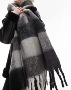 Topshop Scarlett Blanket Check Scarf In Black And Grey