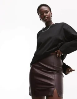 Topshop Tall Leather Look Split Detail Mini Skirt In