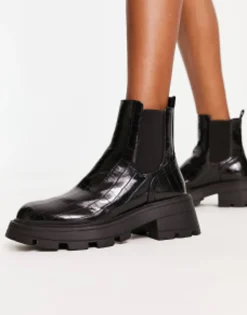 Topshop Wide Fit Bella Chunky Chelsea Boot In Croc
