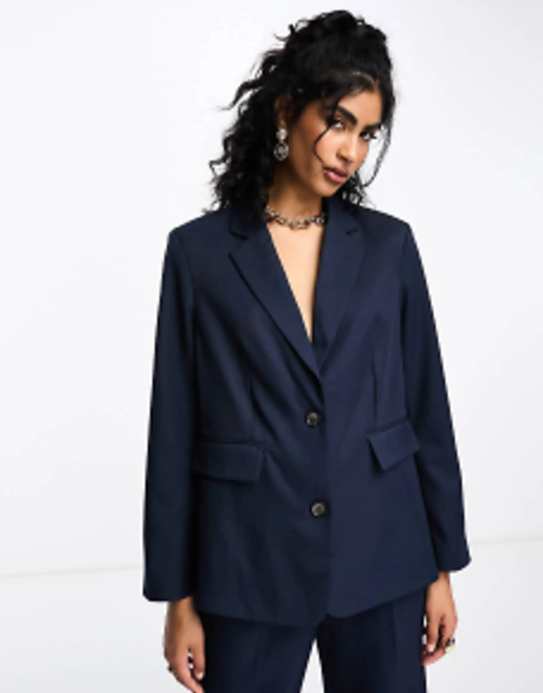 Vila Twill Tailored Oversized Blazer And Wide Leg Trouser Co-Ord In Navy