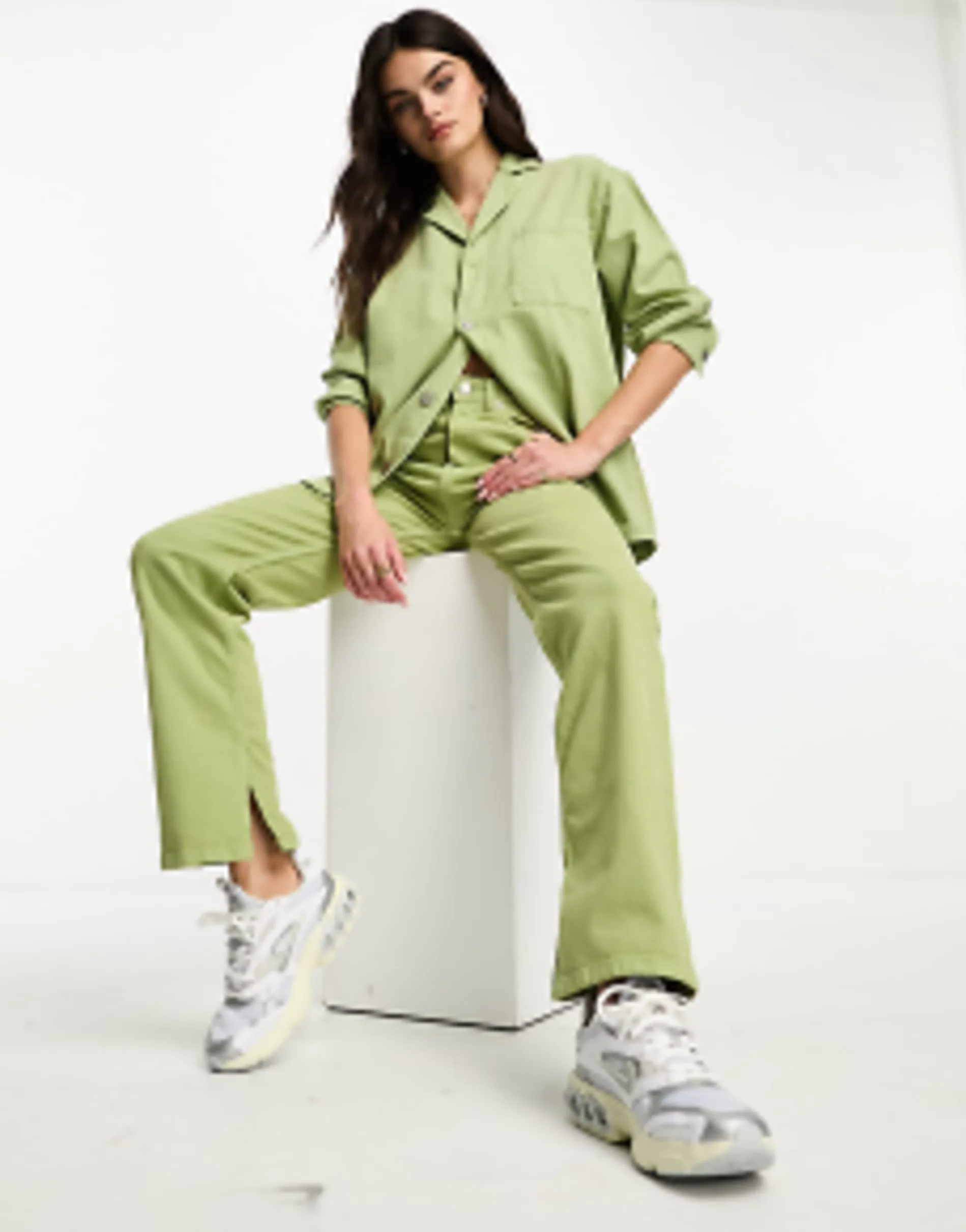 Waven Oversized Denim Shirt And High Rise Jeans In Sage Green