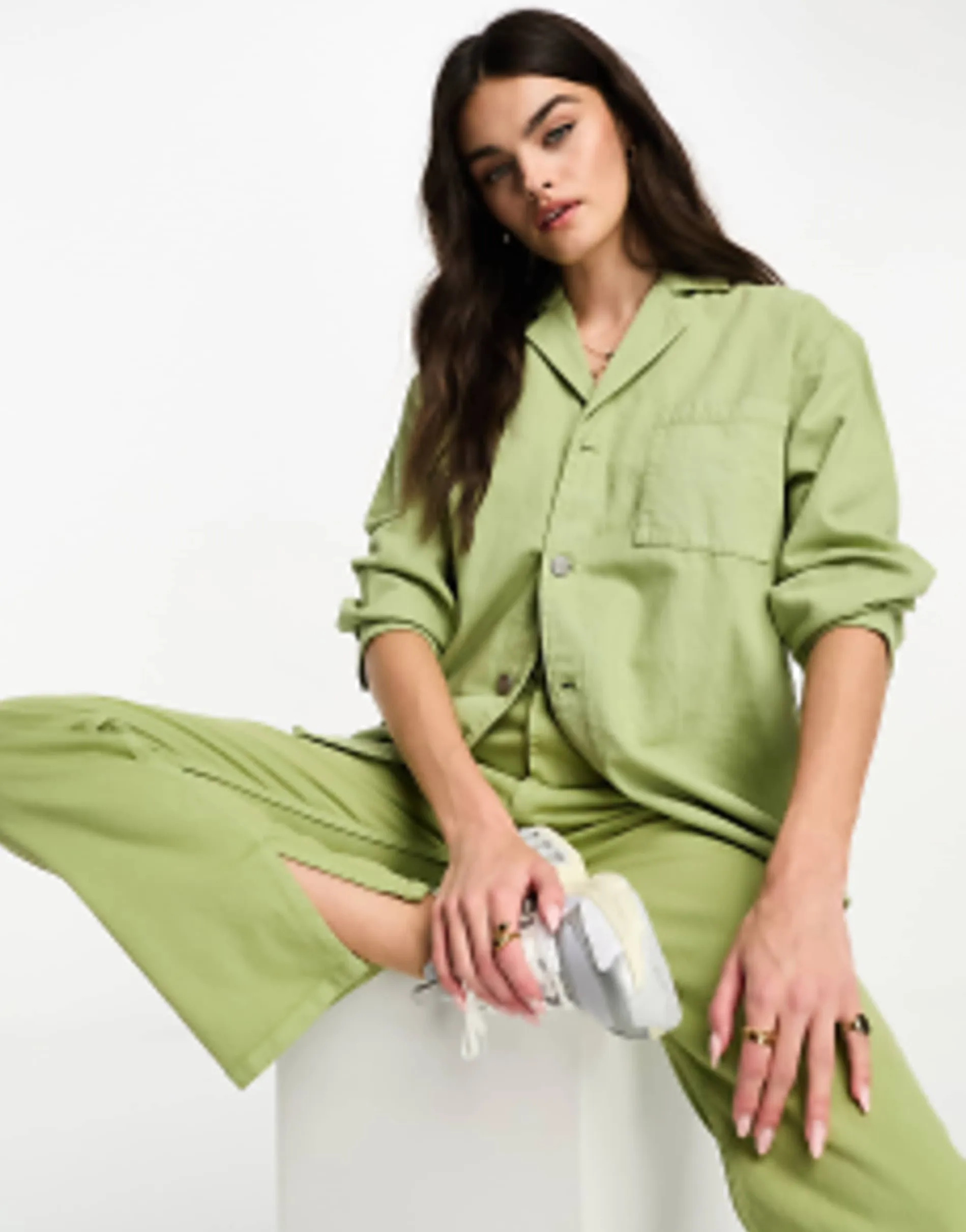Waven Oversized Denim Shirt And High Rise Jeans In Sage Green