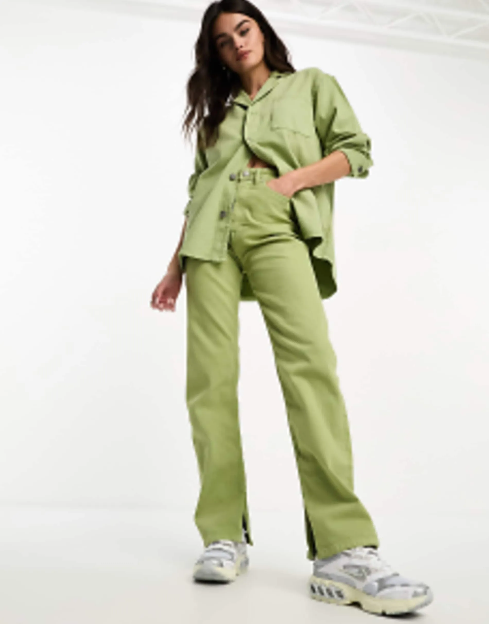 Waven Oversized Denim Shirt And High Rise Jeans In Sage Green